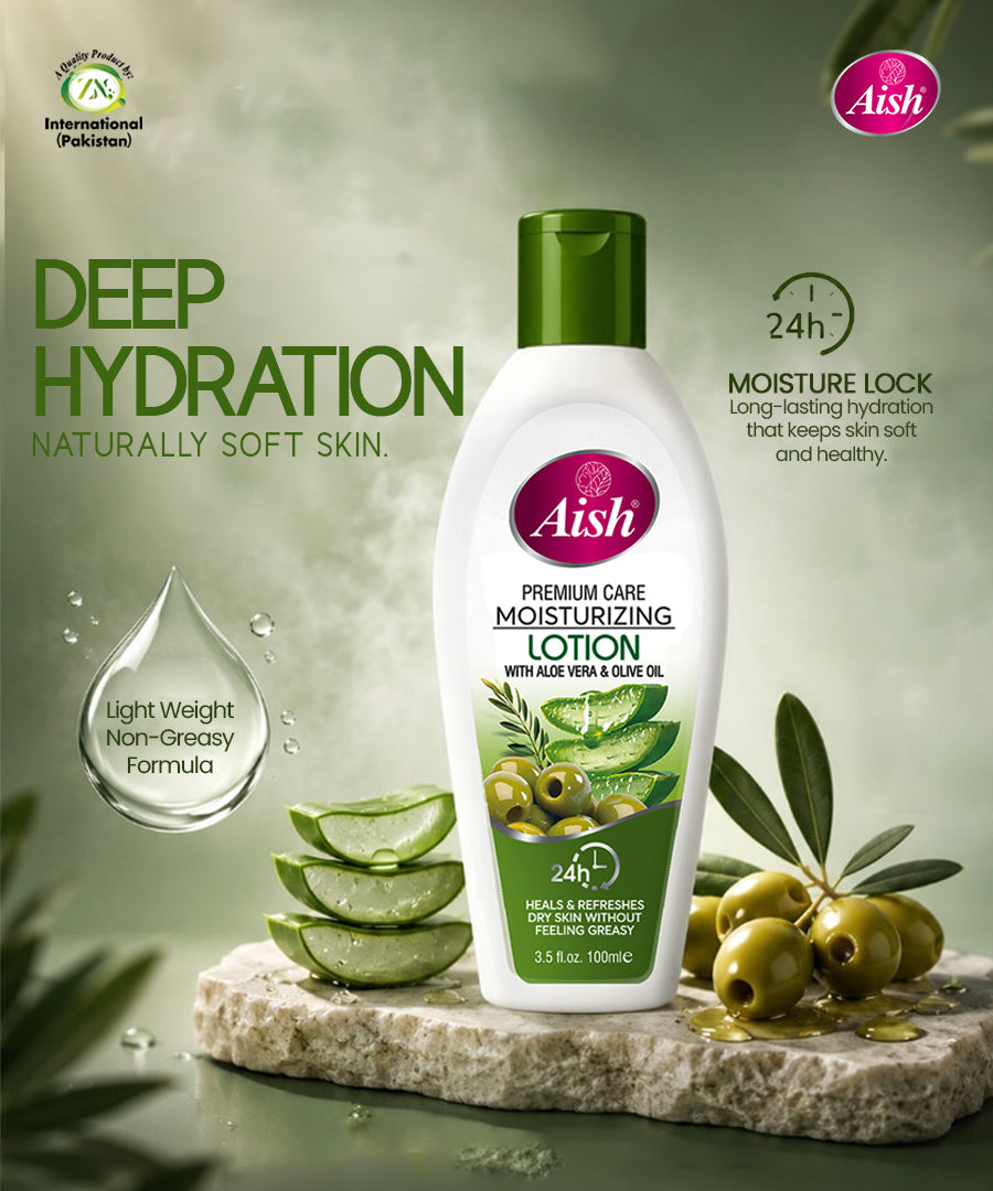 AISH PREMIUM CARE MOISTURIZING LOTION – ALOE VERA & OLIVE OIL 100ml | 24H HYDRATION