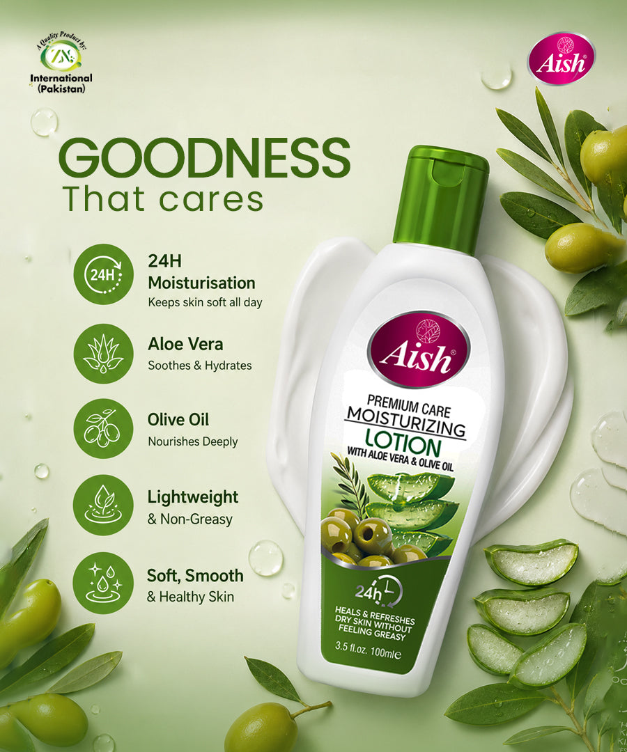 AISH PREMIUM CARE MOISTURIZING LOTION – ALOE VERA & OLIVE OIL 100ml | 24H HYDRATION