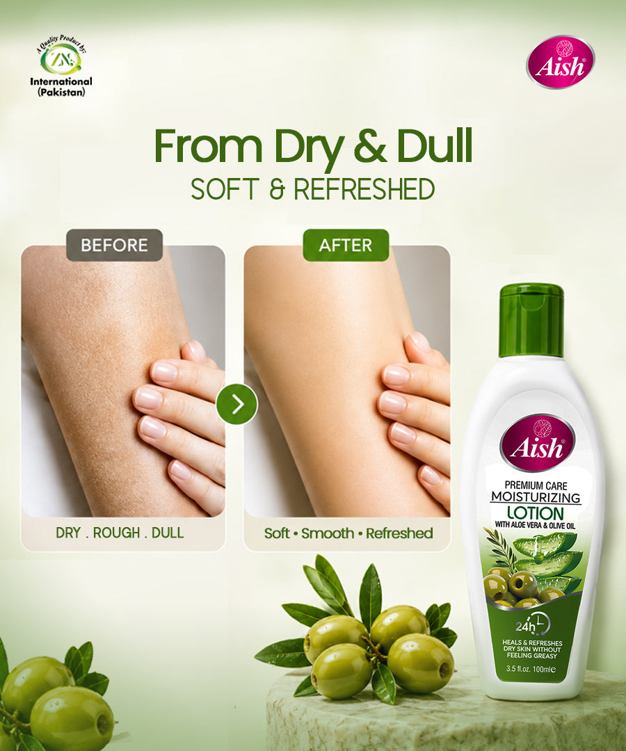 AISH PREMIUM CARE MOISTURIZING LOTION – ALOE VERA & OLIVE OIL 100ml | 24H HYDRATION